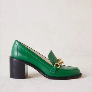 Anthropologie Green Heeled Loafers with Gold Chain
